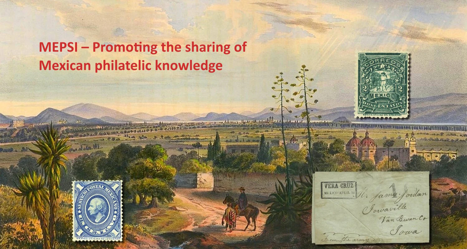 Painting of a 19th Century Mexican landscape  with a church and a man on a horse who has stopped to speak with a man in a sarape.  Superimposed on the painting are two images of classic Mexican stamps; one from the Hidalgo issue of 1884-1885 and a 'Mulita' from 1895-98.